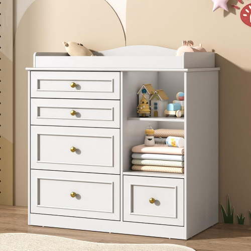 ChVans Changing Table Dresser, Baby Classic Nursery Dresser with 5 Drawers & Open Storage Shelves, Convertible Nursery Dresser Chest of Drawers
