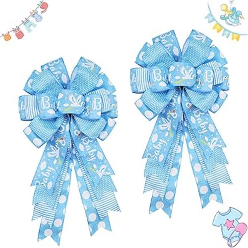 Large Baby Shower Bows 20x11 Inch, 2 Pack Wired Burlap Wreath for Boy Girl, Big Tree Topper for Front Door Indoor Outdoor Spring Decoration (Blue)