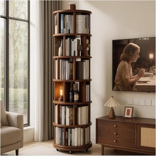 Solid Wood Rotating Round Bookshelf Towers with Wheels, Revolving Bookcase 6 Tier 360° Wooden Rotating Book Tower, Narrow Rolling Vertical Display Storage Rack (Walnut, 6 Tier, 78.1" H)