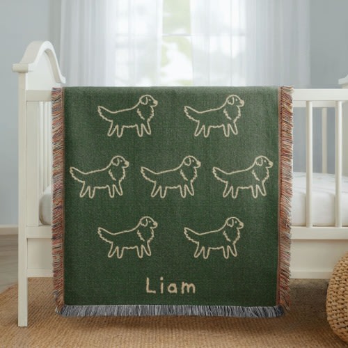 Personalized Golden Retriever Pattern Woven Blanket, Custom Name Baby Blanket, Cute Puppy Nursery Throw, Cozy Baby Gift & Keepsake Decor