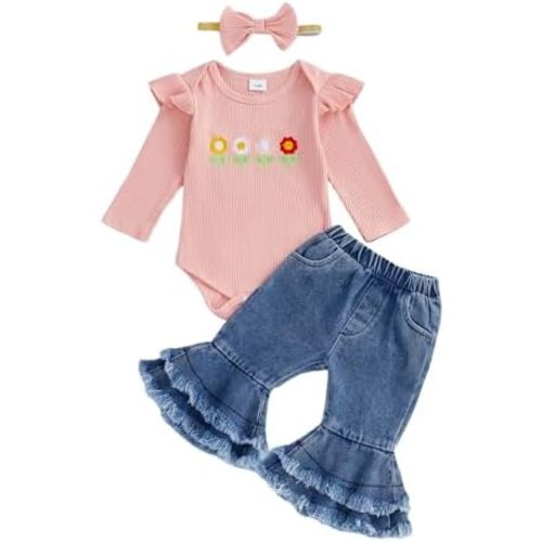 fhutpw Newborn Baby Girl Outfits Rib Knit Romper Jeans Flare Pants Headband Infant Fall Winter Clothes 0 3 6 9 12 18 Months