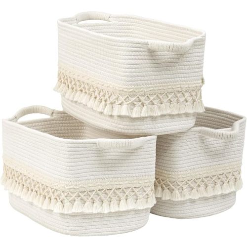 2 Pack Storage Basket for Shelves, Boho Cotton Rope Storage Bins with Heavy Tassel, Shelf Baskets Large Woven Baskets for Organizing, Cube Organizer Bins, Baby Laundry Basket for Clothes, Toys, Pets