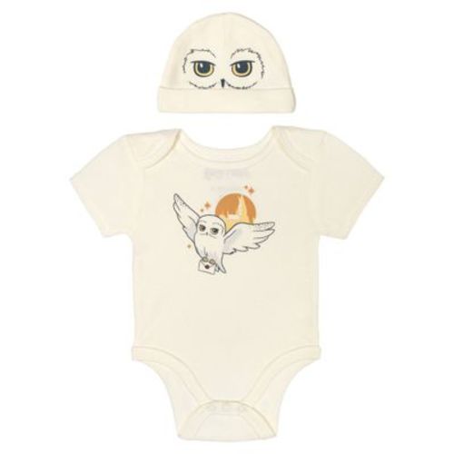 Harry Potter Baby Boys' Short Sleeve Graphic Creeper and Beanie Hat Outfit Off White Hedwig 3-6 Months