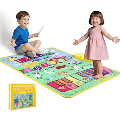 Musical Farm Animals Sounds Piano Mat for Kids, Sensory Educational Learning Toy with Drumset for Toddlers, Interactive Floor Touch Play Mat Dancing Keyboard Carpet for 1-5 Year Old Boy Girl Gifts