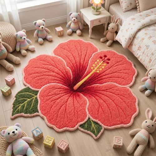 Hand Tufted Hibiscus Flower Rug, Kids Room Floral Carpet, Soft Wool Area Rug, Nursery Decor, Handmade Blossom Shape Rug