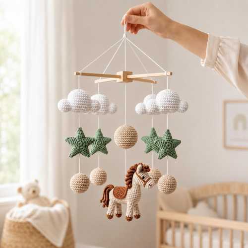 Crochet Cowboy Horse Baby Mobile, Western Nursery Decor with Horses, Boots, Stars & Moon, Handmade Baby Shower Gift