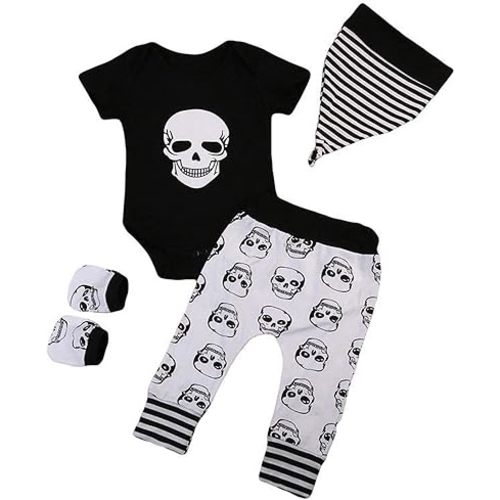 Newborn Baby Girls Boys Halloween Outfits Skull Romper Tops Floral Pants Hat Mitten/Headband Set 0-24M