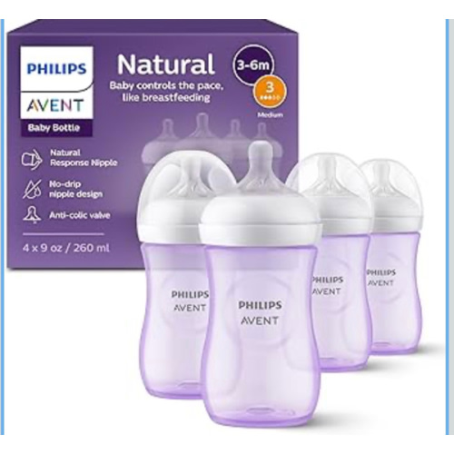 Philips Avent Natural Baby Bottles with Natural Response Nipples (Medium Flow, Flow 3), 9oz, Purple, 4-Pack, SCY903/34