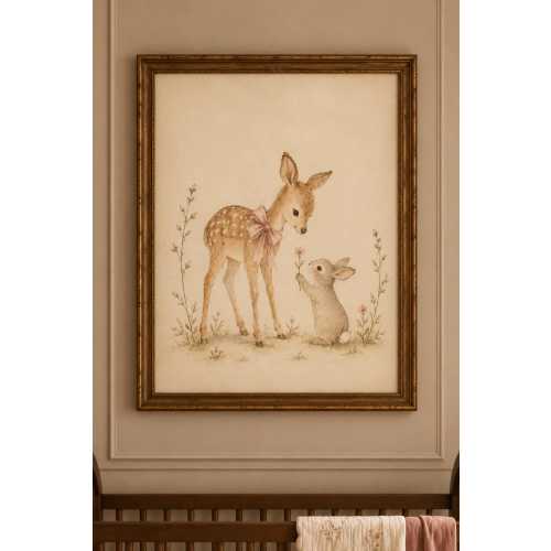 Vintage Deer Bunny Nursery Art, Woodland Animal Print, Baby Girl Decor (Digital Download)