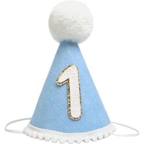 BOOMPA Sky Blue Themed First Birthday Conical Cap - Party Headband for Baby Boy or Girl - Simple, Pure, Baby Angel Handcrafted Birthday Hat - Best Photo Booth Props and Backdrop Cake Smash