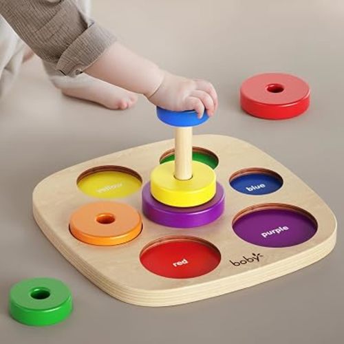 Dailyfunn Montessori Toys Wooden Rainbow Ring Stacker Color Size Learning Sorting Stacking Toy for Toddlers 1-3 Years Old