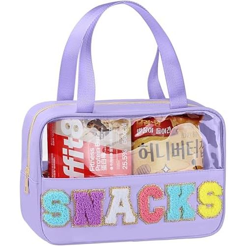 Snack Bag for Travel - Chenille Letter Clear Makeup Bag, Large Preppy Patch Snack Cosmetic Bag with Handle and Zipper, Cute Makeup Pouch Nylon&PVC Waterproof Toiletry Organizer Storage for Women Girls