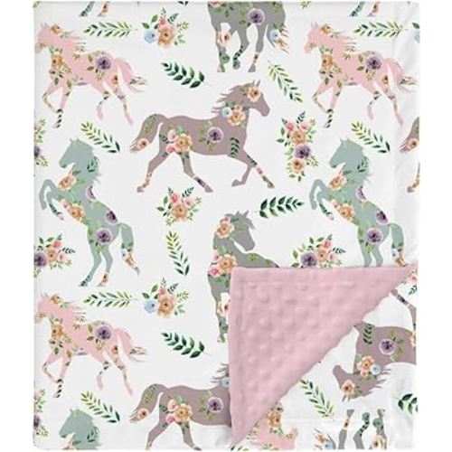 HawSkgFub Boho Horse Floral Mink Baby Blankets with Dotted Backing Girls Shower Gift, Pink Purple Flowers Leaf Double Layer Nursery Swaddle, Soft Newborn Infant Toddler Bed Crib Bedding 30 x 40