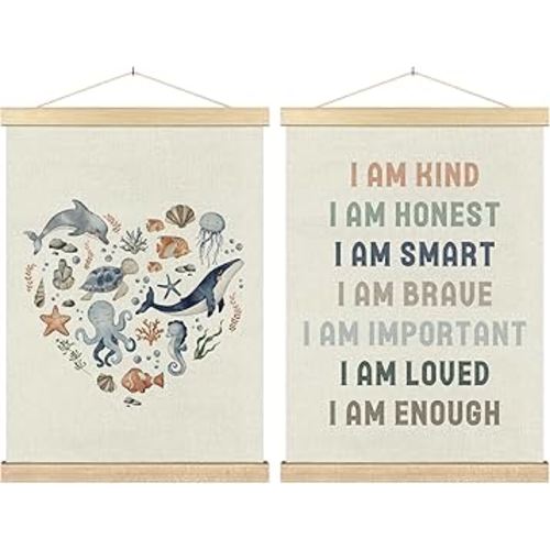 BCUANGD Kids Positive Affirmations Wall Decor - Coastal Nautical Poster Hanger with Wood Frames Set of 2, Ocean Beach Whale Wall Hanging Canvas Decor for Kids Room Bathroom Nursery, 12x16 Inches