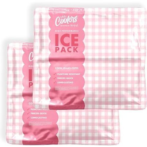Cool Coolers by Fit & Fresh Reusable Ice Packs for Coolers – Large Long-Lasting Freezer Packs, Puncture Resistant BPA-Free Gel Ice Packs for Coolers, Lunch Boxes, Camping & Picnic, 2PK, Pink Gingham