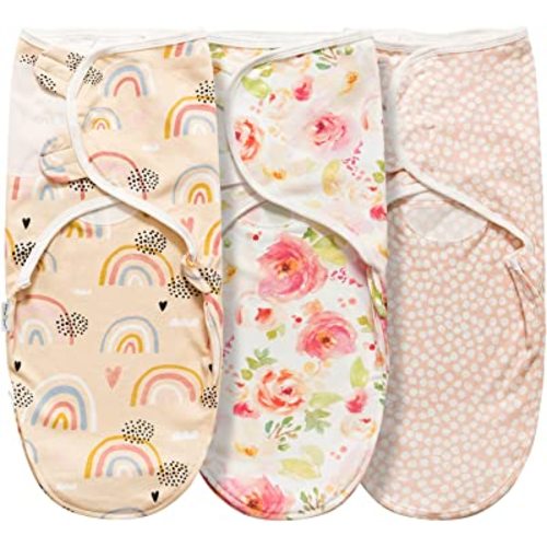 Little Tots Swaddle Blanket for Baby Girl Boy Easy Change Infant Wrap 2 or 3 Pack Adjustable Sleep Sack for Newborn Babies 0-3 Month (Rainbow and Flowers)