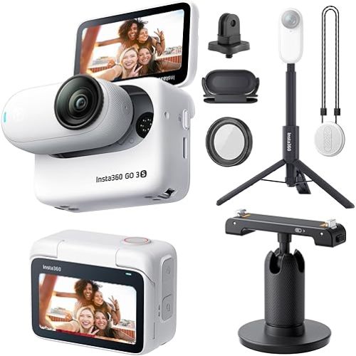 Insta360 GO 3S (White) 128GB Tiny Mighty 4K Action Vlogging Camera, Portable, Mount Anywhere, Waterproof, Stabilization, Hands-Free POV, + Action Pod and Wearable Accessories + Selfie Stick + Tripod