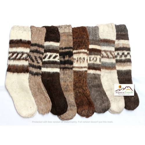 SALE 25% OFF* Hand Knitted Bolivian Peruvian Alpaca Yarn Rustic Long Socks Warm in Natural Colors with Ethnic Andean Designs