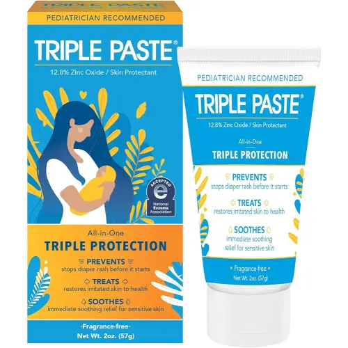 Triple Paste Diaper Rash Cream for Baby - 2 Oz Tube – Zinc Oxide Ointment Treats, Soothes & Prevents Diaper Rash, Pediatrician-Recommended Hypoallergenic Formula, Baby Essentials for Daily & Overnight