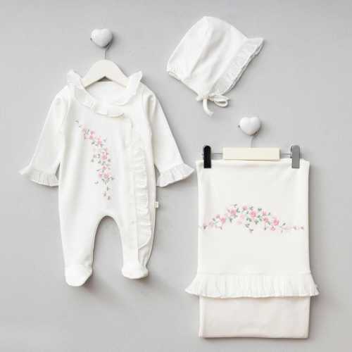Embroidered Baby Girl Outfit Set: Cotton Romper, Bonnet, Blanket Newborn Set