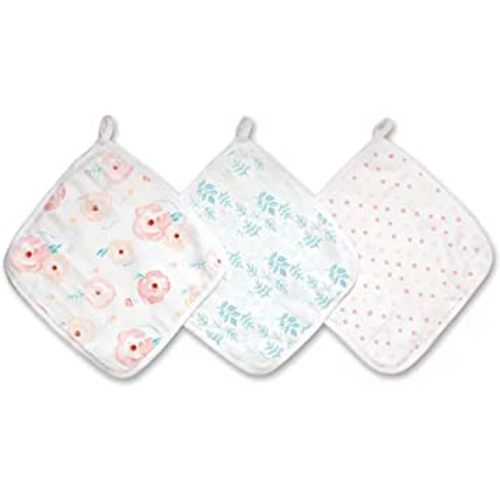 aden + anais Essentials Washcloth 3-Pack, Super Soft 100% Cotton Muslin, Gentle on Skin, 3 Absorbent 11x11 Layers, Softer with Every Use, Perfect for Babies, Infants, Toddlers, Full Bloom