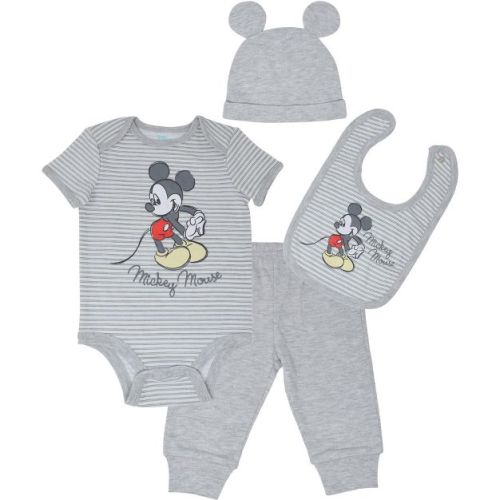 Disney Mickey Mouse Newborn Baby Boys Bodysuit, Pants, Bib And Hat 4 Piece Outfit Set White/gray 6-9 Months