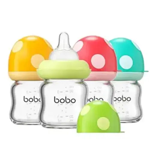 YOHKOH Natural Glass Baby Bottle with Level 1 Slow Flow Nipple, Newborn Anti-Colic Baby Bottles, Wide Neck Mushroom Baby Glass Bottle (Multicolour-A, 3.4oz (Pack of 4))