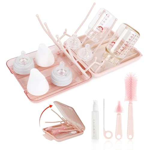 Baby Bottle Brush Set, 6-in-1 Travel Bottle Cleaning Kit with Silicone Bottle Brush, Nipple & Straw Brush, Soap Dispenser, Drying Rack, Storage Box – Compact Travel Baby Essential for Home & On-The-Go