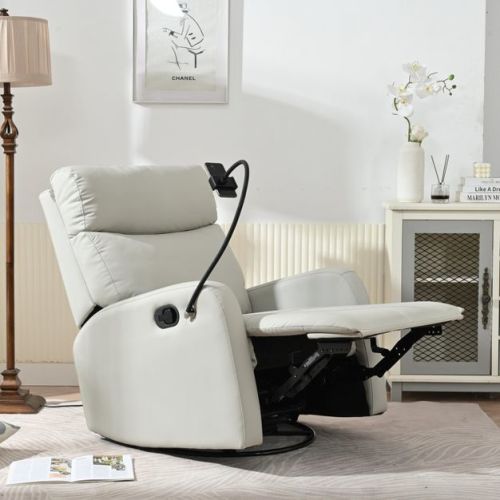 360° Swivel Recliner Nursery Rocking Chair Rocker Glider Single Sofa Accent Chair Leisure Lounge Chair with Phone Holder, Light Gray - ModernLuxe