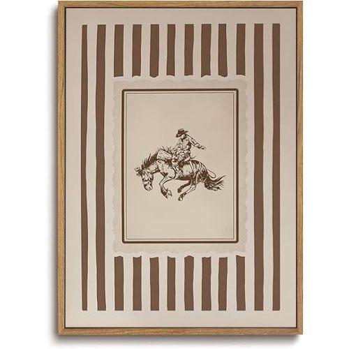ZZLWBKGL Vintage Western Framed Wall Art Nursery Cowboy Canvas Wall Art Retro Farmhouse Striped Pictures Decor Mid Century Rodeo Bronco Riding Art Prints for Living Room Bedroom