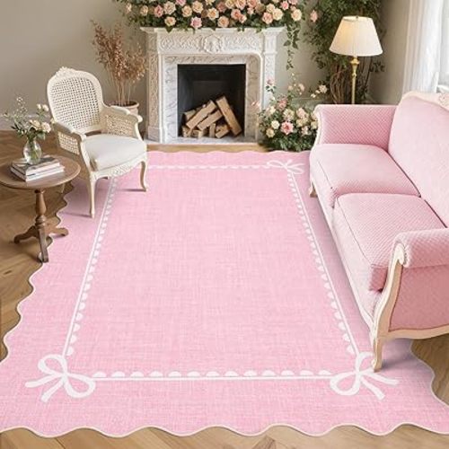 GarveeHome Scalloped Bow Rug for Living Room, Solid Pink Rug for Dorm, Washable Rugs 8x10 Soft Low Pile Non Slip Scalloped Rugs for Nursery College Bedroom Decor Kids Room Playroom