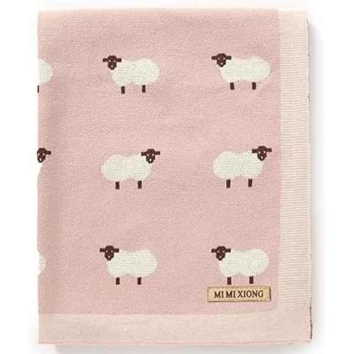 mimixiong Baby Blanket Knit 100% Cotton Toddler Blankets for Boys and Girls with Cute Sheep Grey Size 30 x 40 inches Pink