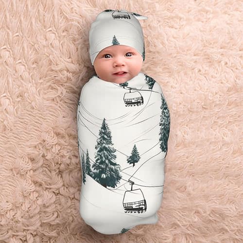 Newborn Swaddle Blanket with Beanie Hat Set, Soft Sleep Sack Ski Lift with Fir Tree Newborn Receiving Blankets Baby Swaddle Wrap Baby Stuff for Baby Boys and Girls Shower Gift