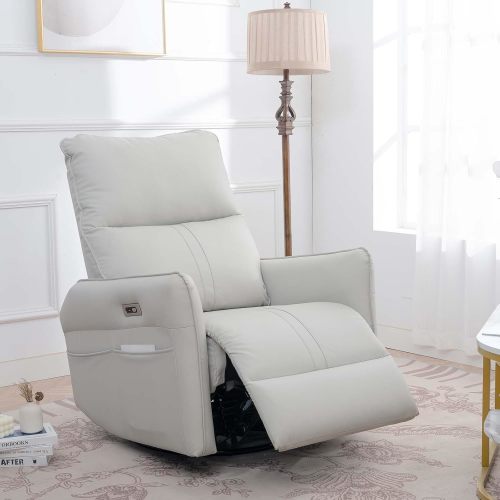 Recliner Chair, 270°PU Leather Swivel Rocking Recliner Chair for Adults, Power Rocker Recliners for Small Spaces, PU Leather Glider Seating with USB Ports (Power, 270° Swivel, Light Gray)