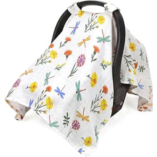 Rquite Infant Car Seat Cover for Babies Girls, 100% Muslin Cotton Carseat Canopy, Breathable Stroller Sun Shade, Baby Shower Gift & Newborn Essentials, Universal Fit Summer & Hot Weather (Floral)