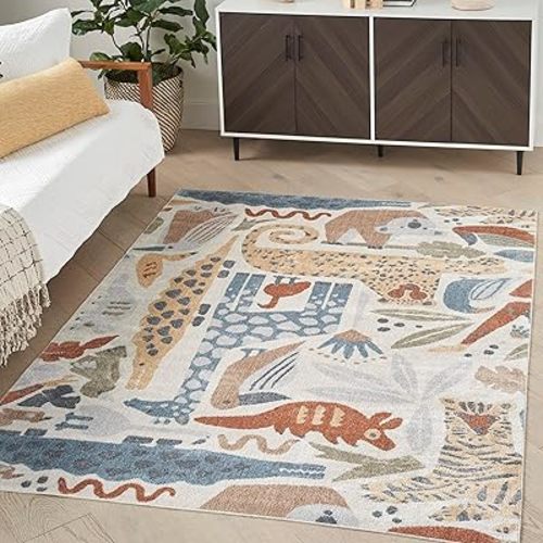 Nourison Home Astra Machine Washable Animals Ivory 6'7" x 9' Kids Area -Rug, Easy -Cleaning, Non Shedding, Bed Room, Living Room, Dining Room, Kitchen (7x9)