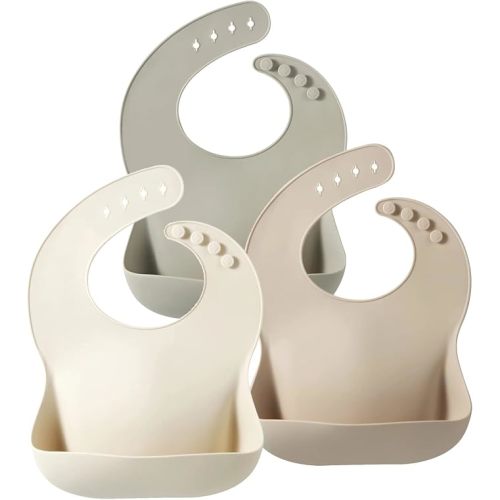 PandaEar Set of 3 Silicone Baby Bibs, Waterproof Soft Adjustable Bibs for Babies Toddlers 10-72 Months (Linen/Tea/Brown)
