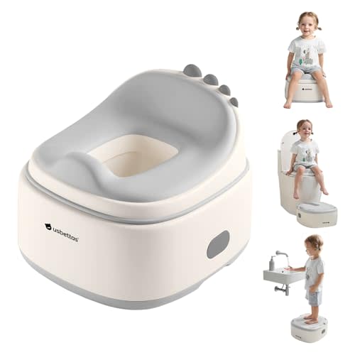 usbettas 3 in 1 Potty Training Toilet, Dinosaur Toddler Potty Training Seat for Boys Girls with Comfortable Cushion, Easy-to-Clean and Anti-slip Potty Training Step Stool for Toilet (Grey)