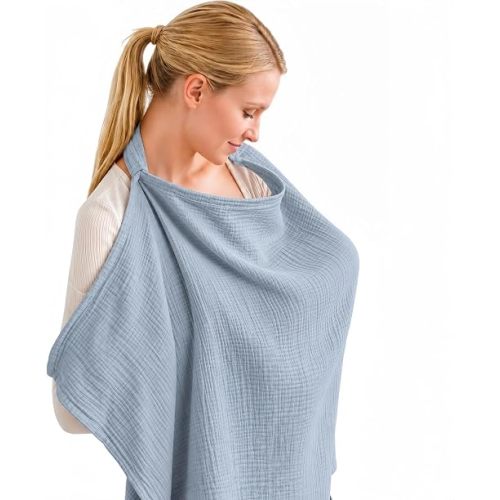 Muslin Nursing Cover Up for Breastfeeding with Rigid Hoop for Women (Light Blue)