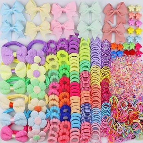 933Pcs+ Baby Girls Hair Ties Seamless Cotton Elastics Hair Bands Colorful Mini Rubber Tie Bow Hair Clips Flower Claws Assorted Ponytail Holders Soft for Thin Hair Braids Kids Toddler Little One