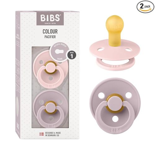 BIBS Pacifiers Colour Collection | Natural Rubber Baby Pacifier | Set of 2 BPA-Free Soothers | Made in Denmark | 0+ Months (Pack of 2) | Blossom/Dusky Lilac