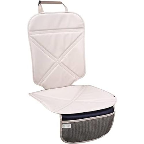 Viaviat Car Seat Protector Leather Waterproof Child Safety Seat Protector Cover with Thick Pad and 2 Large Pockets Durable Kick Mat for All Auto Seat (Beige)