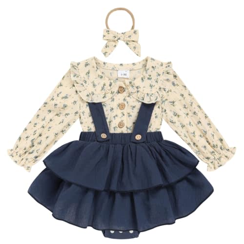 Baby Girl Fall Outfits Collar Floral Romper Suspender Skirt Bloomer Clothes | Infant Girl Long Sleeve Collar Romper Ruffle Suspender Bloomers Skirt with Headband 3Pcs Vintage Floral Clothes 0-18m Baby