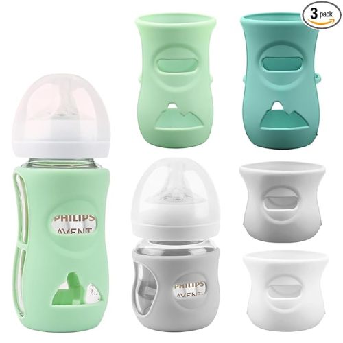 Silicone Sleeves for Avent Glass Natural Baby Bottle,4 Pack Bottles Shatter Proof Bottle Covers,Anti Flow Holder Compatible Baby Bottle 4 oz & 8 oz,BPA Free(Grey+White+Blue+Green)