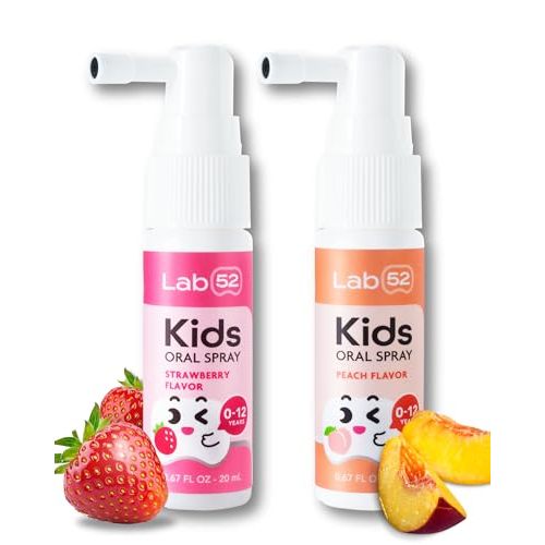 LAB52 Kids Oral Spray, Toddler Toothpaste Helper for Daily Oral Care and Fresh Breath, Children Approved with Fluoride Free for Newborn to Preschoolers, Xylitol (Strawberry & Peach)