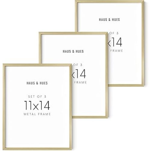 HAUS AND HUES 11x14 Gold Picture Frames - Modern Aluminum Wall Art Display - Lightweight 11x14 Frames for Certificates, Photos, Posters - Ready-to-Hang Vertically & Horizontally (Set of 3)