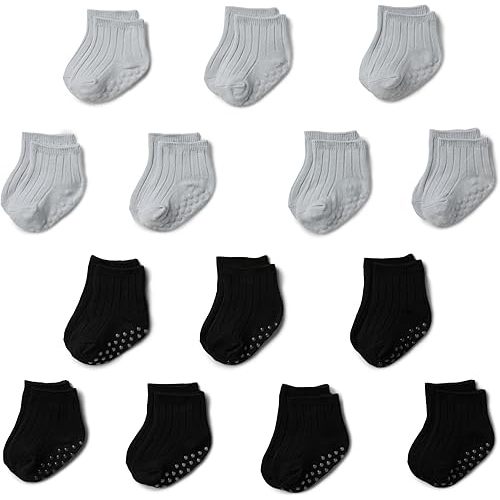 Amazon Essentials Unisex Babies' Non Slip Grip Ribbed Ankle Socks, 14 Pairs