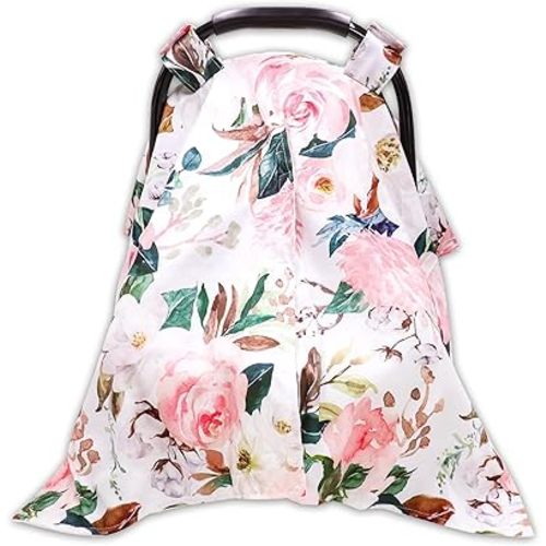 DILIMI Car Seat Covers for Babies, Peekaboo Opening Infant Car Seat Canopy for Baby Boys Girls, 2 in 1 Mom Nursing Breastfeeding Covers, Minky Warm Carseat Canopy for Newborn, Pink Flower