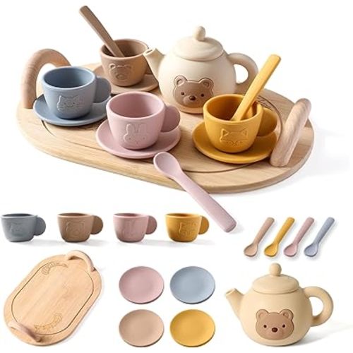 Tea Party Set for Little Girls 1-3 Kids Tea Set with Silicone Teapot Cups Coasters Carrying Scoop Wooden Tray, Kitchen Accessories Pretend Play for Girls Boys Age 3 4 5 (15 Pcs)