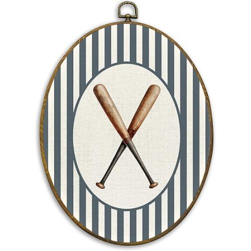 CUANFDDSF Vintage Baseball Nursery Oval Wall Art Decor, Sports Wall Hanging Decor, Baseball Bat Sports Blue Striped Framed Canvas Prints for Kids Boy Nursery Room Playroom Bedroom, 8.6x11.4 Inch